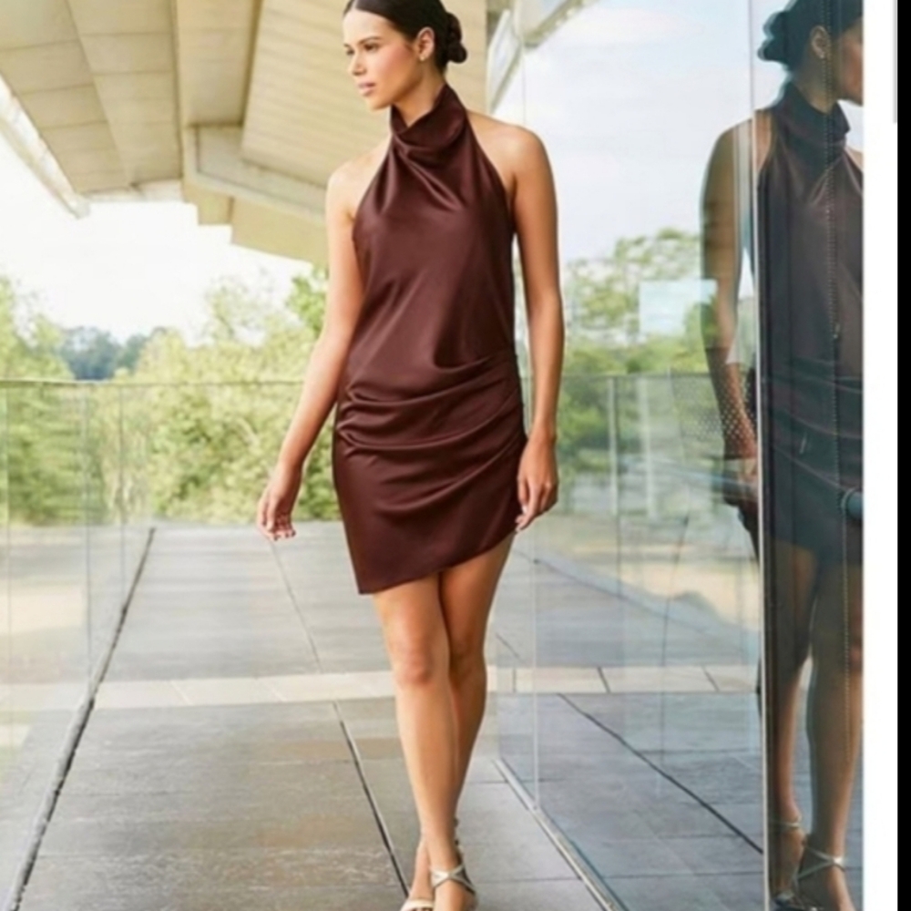 Gianni Bini Peyton Ruched Satin Cowl Halter Neck Sleeveless Open Back Dress